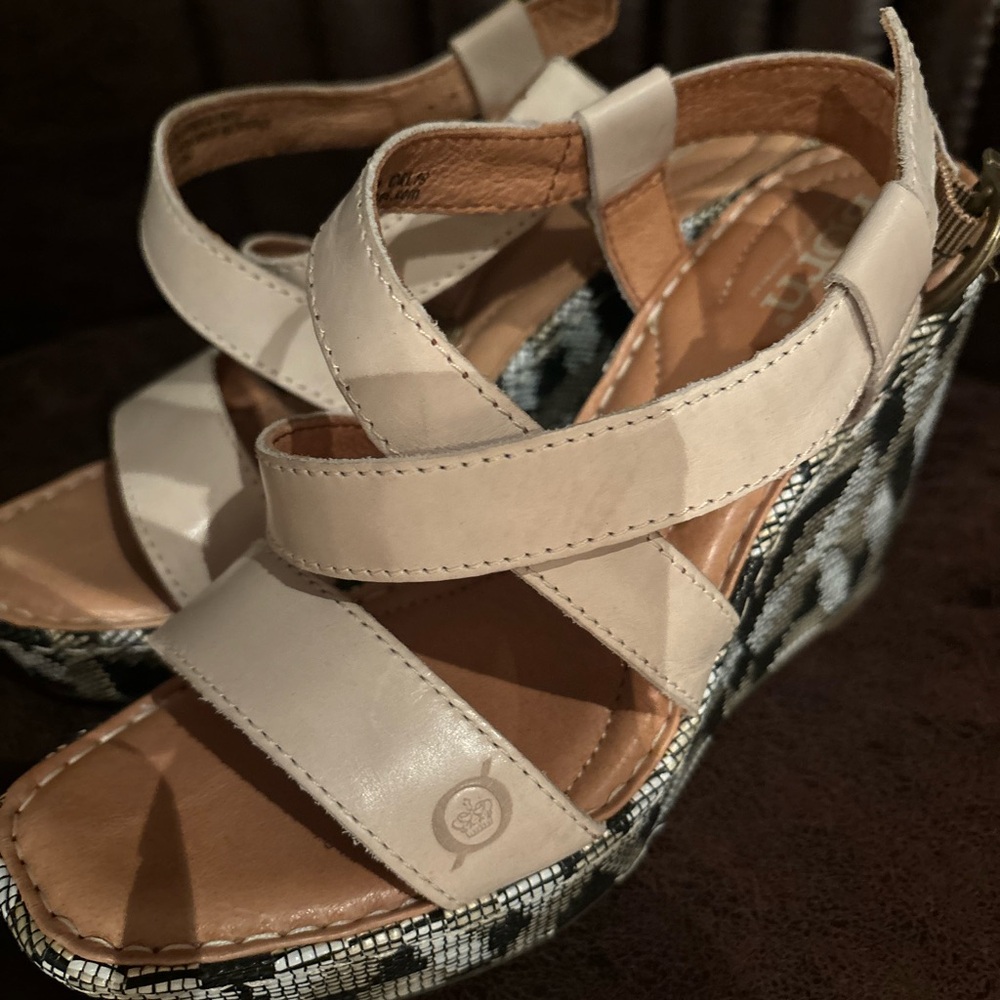 Born Cream and Tan Wedge Sandals